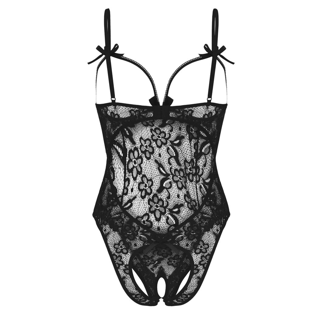 BOOMILK Crotchless Bodysuits for Women Lace Underwear Gauze One-Piece Garment Pajamas Underwear
